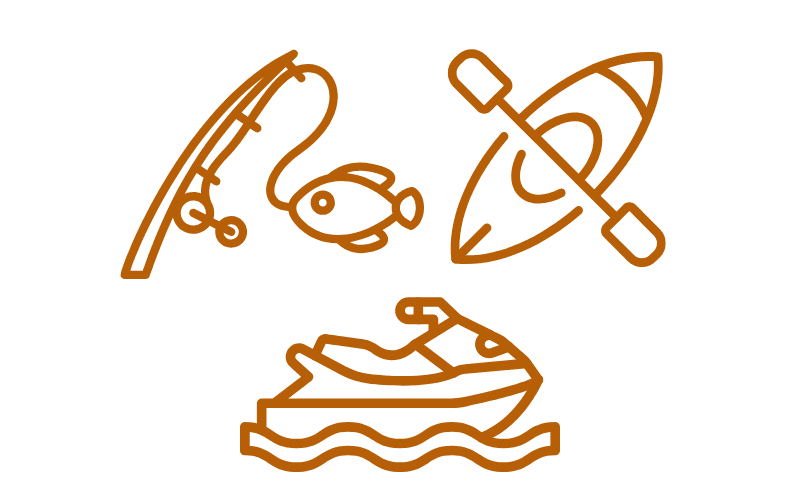 Icons representing fishing, kayaking, and a jet ski.