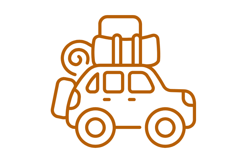 A car with luggage stacked on top, ready for a road trip.