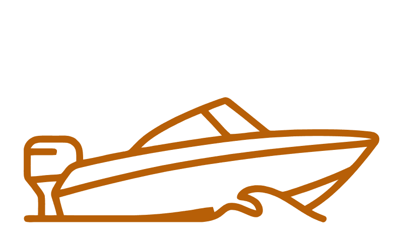 Outline of a motorboat with a visible wake behind it.