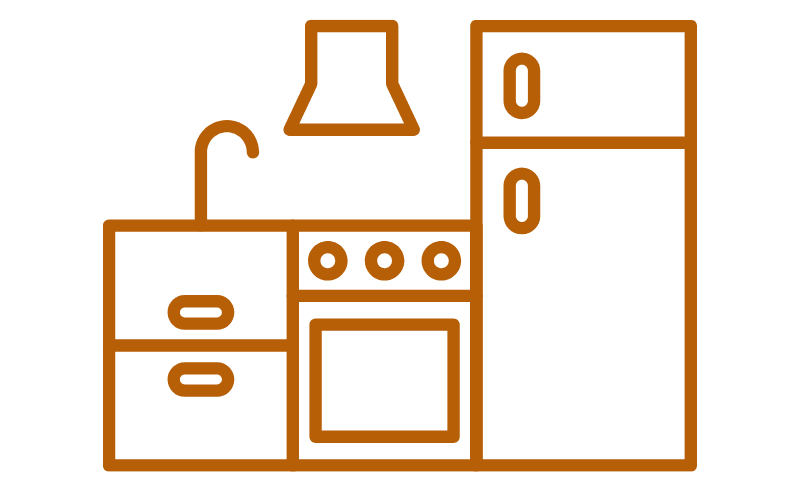 Outline of a kitchen featuring a stove, refrigerator, and cabinets.